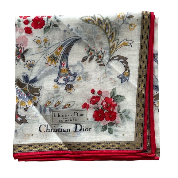 Christian Dior Vintage Floral Handkerchief With Red Border - Picture 3 of 9